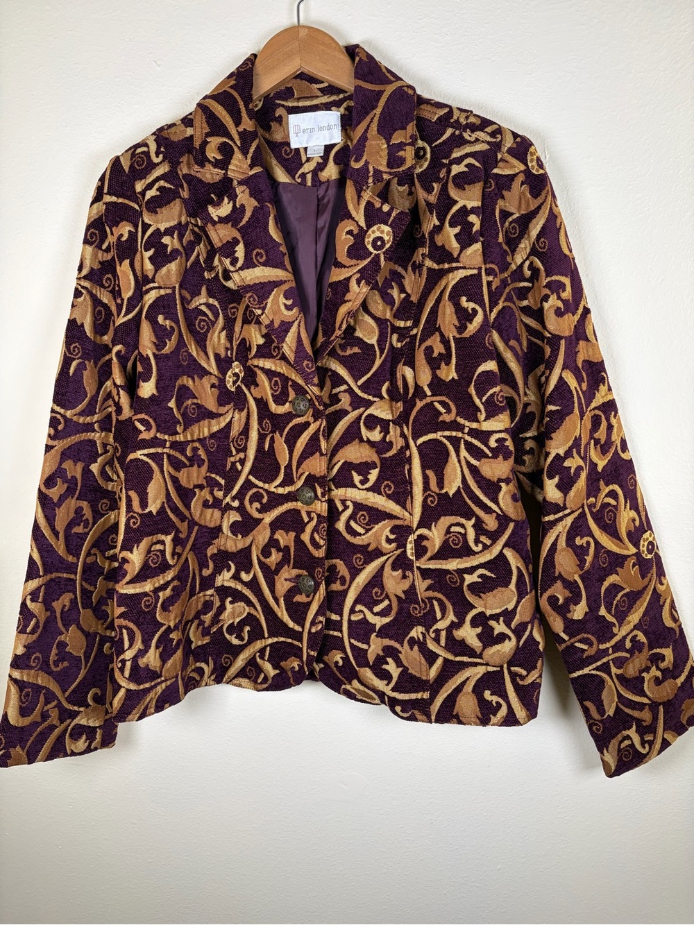 Erin London L Purple Gold Tapestry Jacquard Floral Blazer Jacket